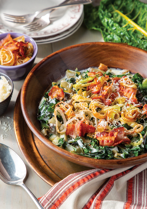 Creamy Swiss chard with crispy leeks and shallots