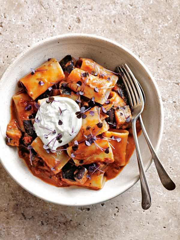 Creamy tomato, burrata and eggplant pasta