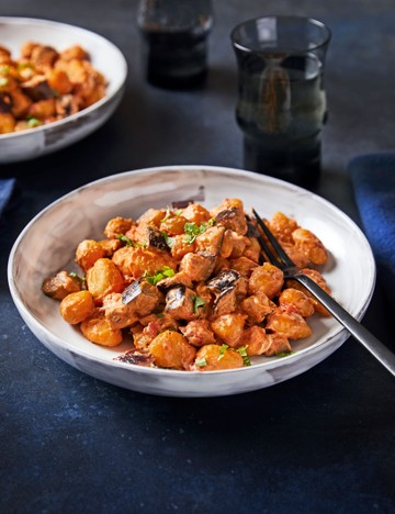 Creamy tomato gnocchi with yuzu kosho aubergines