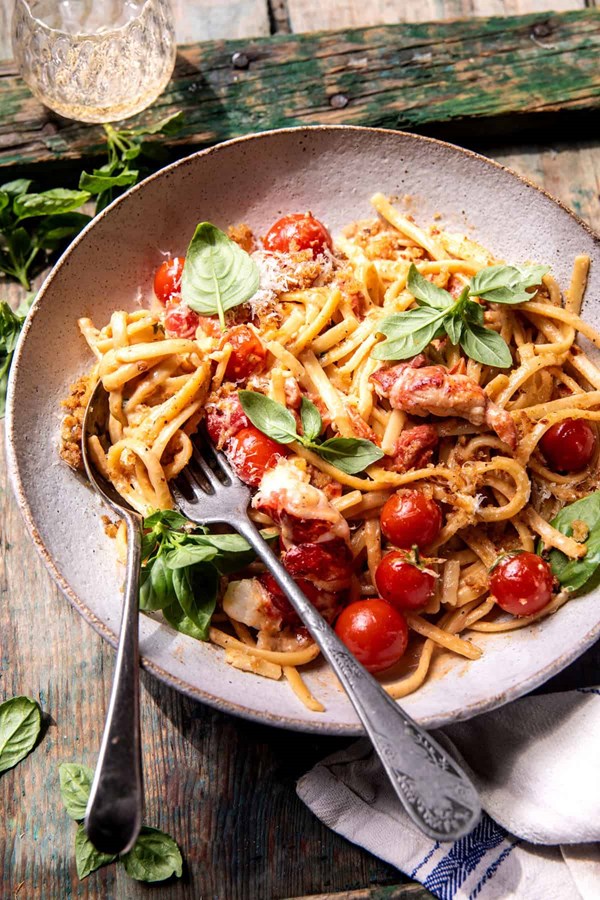 Creamy tomato lobster linguine with garlic breadcrumbs