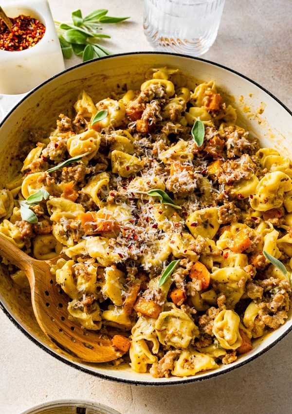 Creamy tortellini with butternut squash & sausage