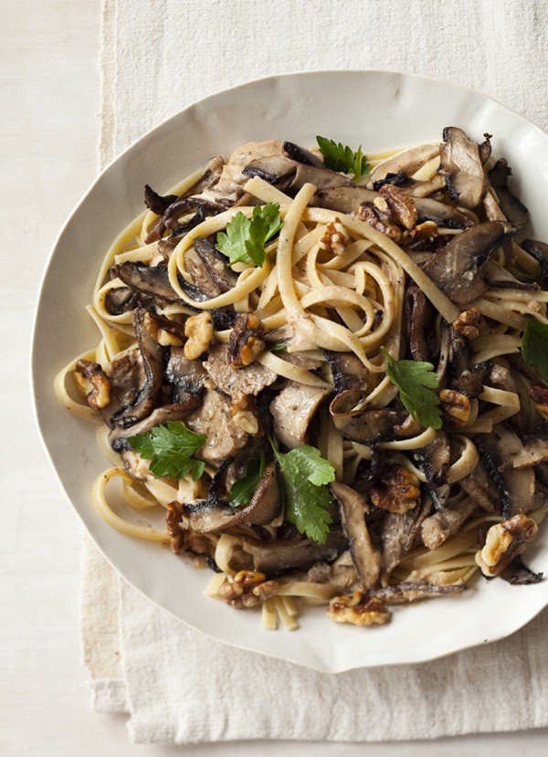 Creamy triple-mushroom fettucine with walnuts