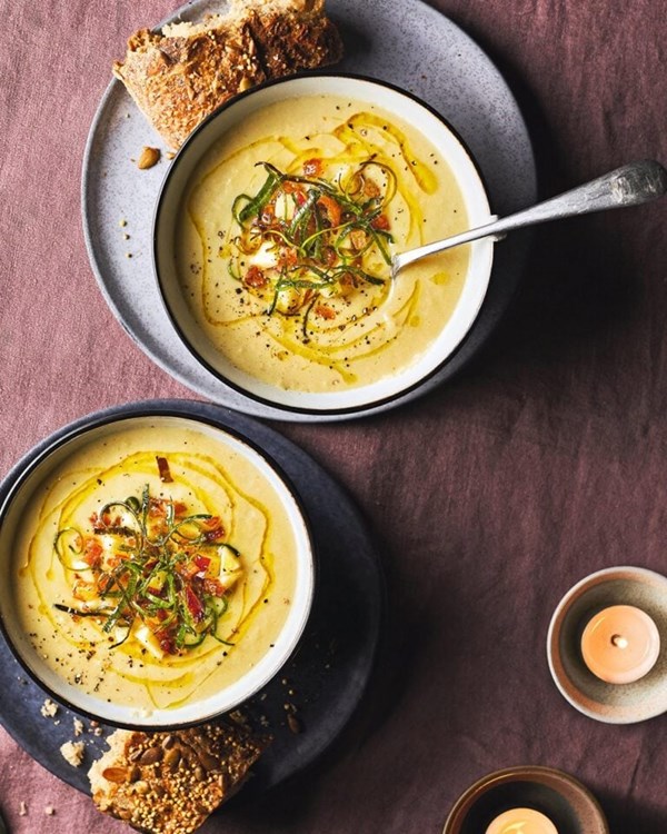 Creamy turkey and leek soup with roast potato crisps