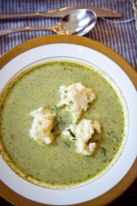 Creamy watercress soup with lemon-goat cheese dumplings