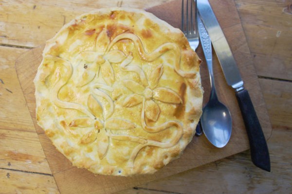 Creamy wild mushroom and vegetarian sausage pie