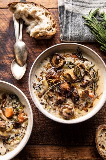 Creamy wild rice chicken soup with roasted mushrooms