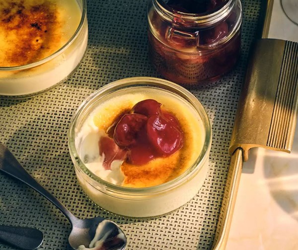 Crème brûlée with cherry compote