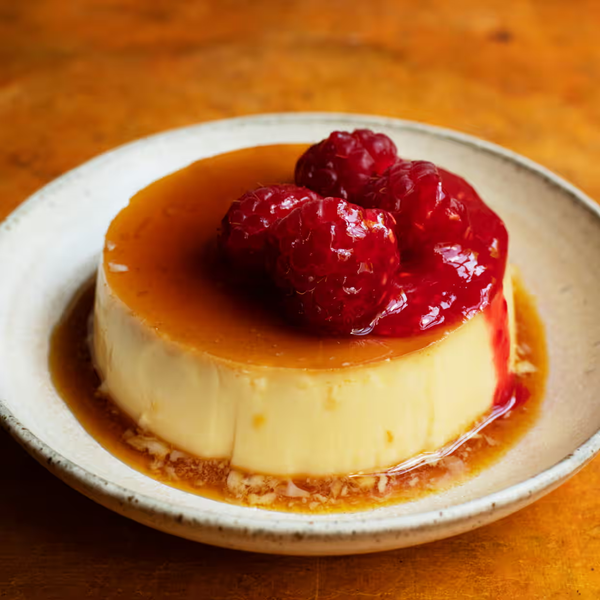 Creme caramel, raspberry sauce