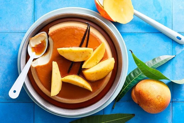 Creme caramel with mango mojito syrup
