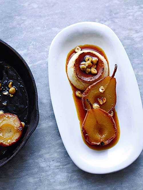 Crème caramels with Marsala-baked pears