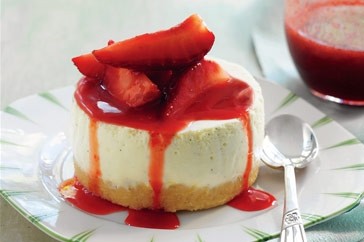 Creme fraiche cheesecakes with strawberry caramel