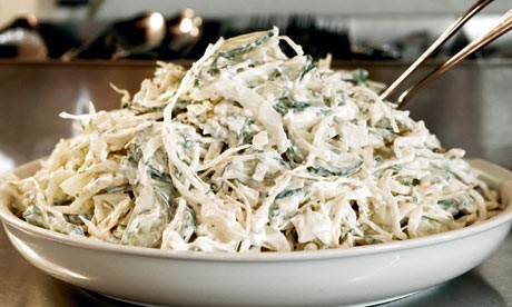 Crème fraîche, cucumber, and cabbage salad with nigella seeds