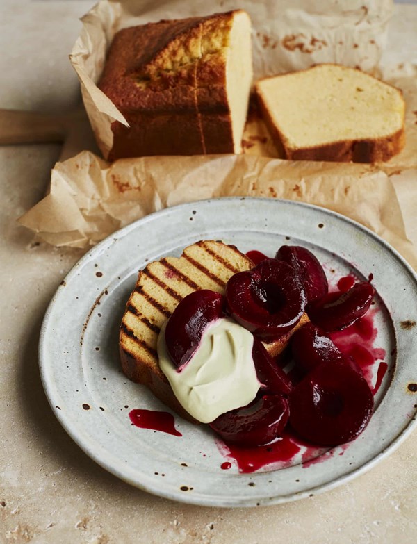 Creme fraiche loaf, plums and pistachio cream