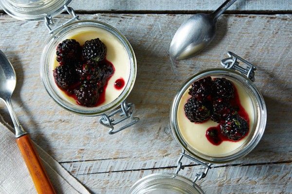Crème fraîche panna cotta with fresh berries and herbs