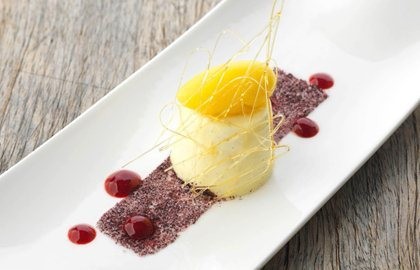 Crème fraîche panna cotta with orange and mint sorbet
