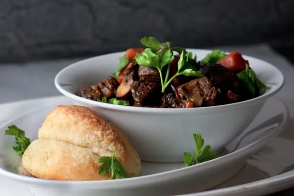 Cremini and beef Bourguignon with angel biscuits and bay brown butter