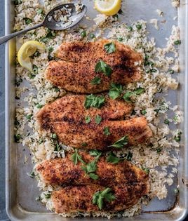 Creole blackened fish with herbed rice & peas