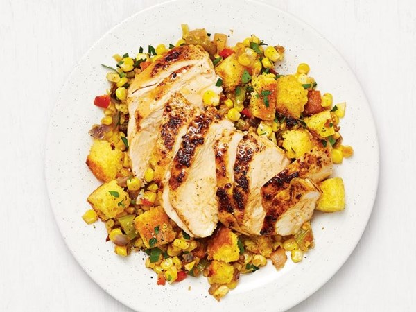 Creole chicken with cornbread stuffing
