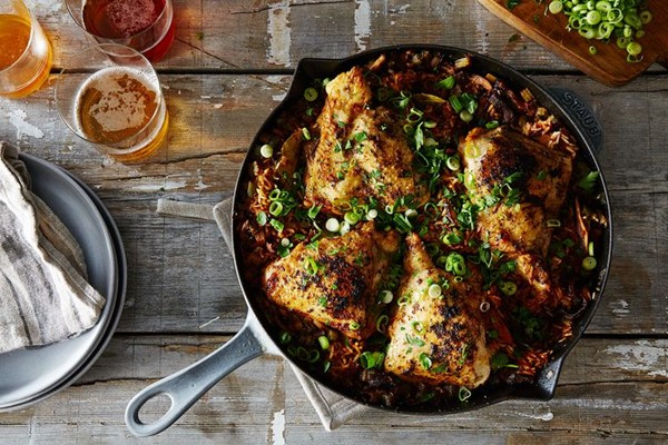 Creole chicken with mushroom dirty rice