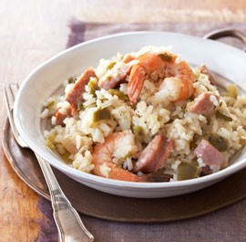 Creole ham, sausage, and shrimp jambalaya