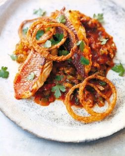 Creole snapper with crispy spicy onions