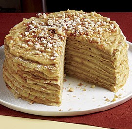 Crêpe cake with coffee cream and hazelnut praline