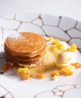 Crêpes feuilletine with lemon cream, ten-flavor sorbet, and pain d'épices Linzer