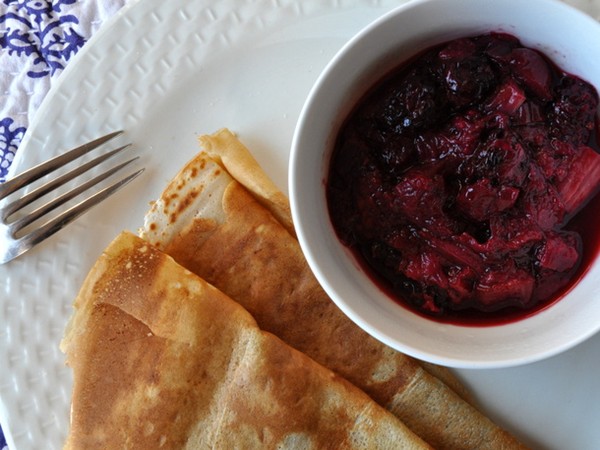 Crepes with blackberry-rhubarb compote