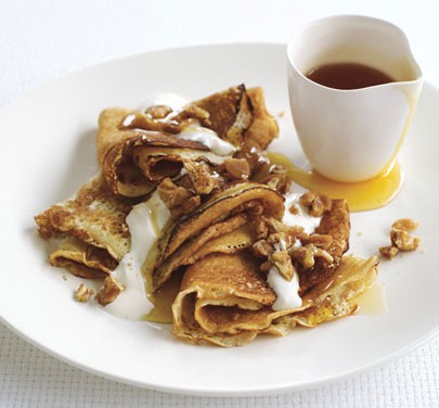 Crepes with maple-walnut praline and crème fraîche
