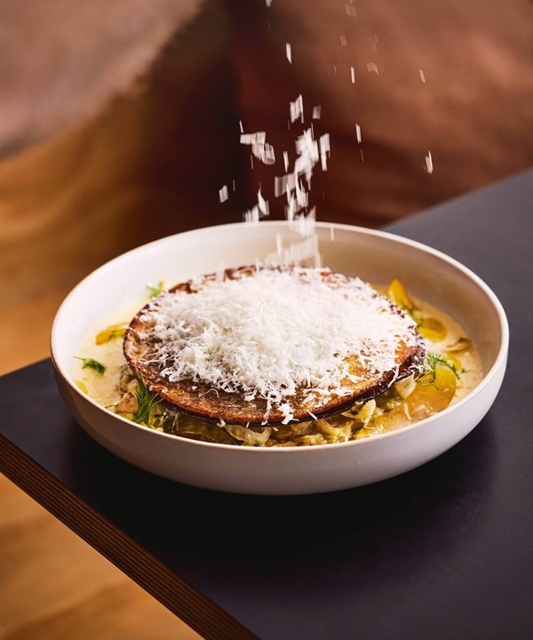 Crespelle with confit chicken, porcini & lemon crema [Hayden Phiskie]