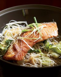 Crisp Asian salmon with bok choy and rice noodles