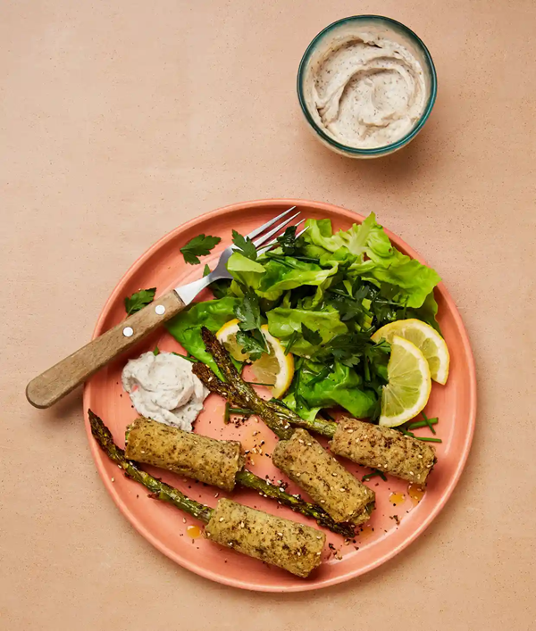 Crisp asparagus wraps with za'atar dip