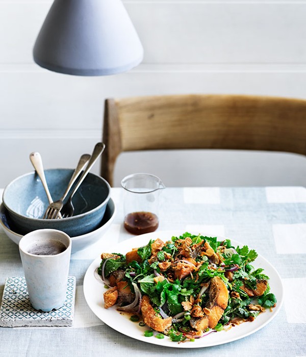 Crisp barramundi fillets with roasted chilli, mint and coriander