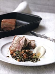 Crisp belly of pork with lentils and Granny Smith apple purée