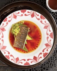 Crisp branzino fillets with zucchini and fresh tomato jus