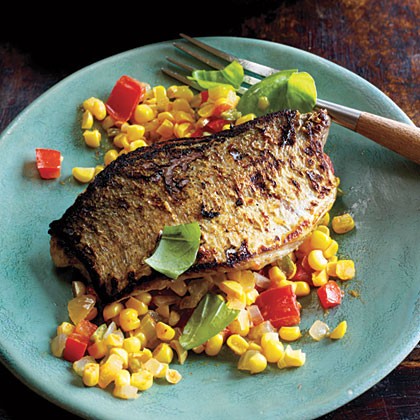 Crisp Chatham bluefish with maque choux
