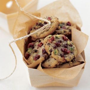 Crisp chocolate chip cookies with dried cherries and pistachios
