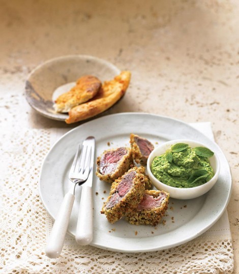 Crisp-crumbed lamb with minted pea purée 