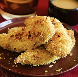 Crisp curried chicken fingers with honey mustard dipping sauce