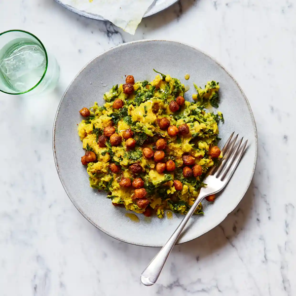 Crisp curried chickpeas and saag mash