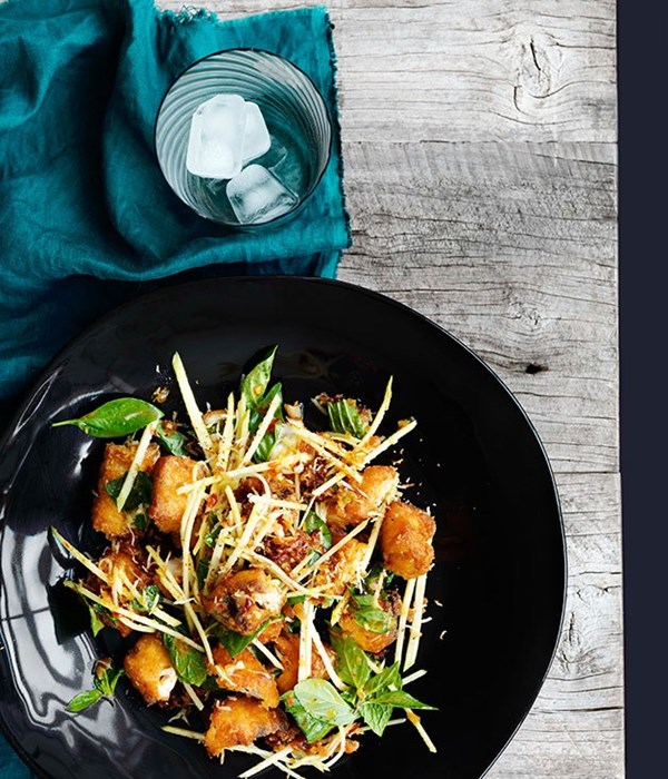 Crisp fish, green mango and roast coconut salad