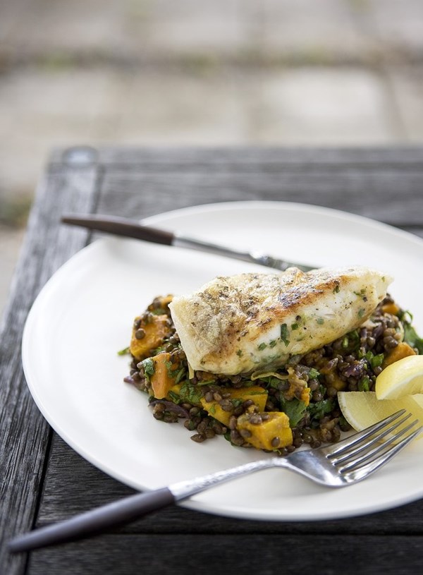 Crisp fish with pumpkin and lentil salad
