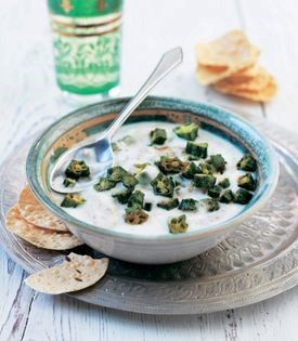 Crisp-fried okra in spicy yogurt dressing