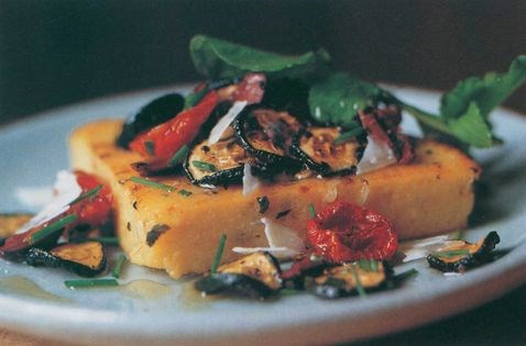 Crisp fried polenta with oven-dried Mediterranean salad