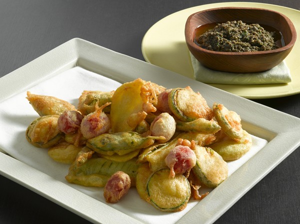 Crisp fried vegetables with tapenade