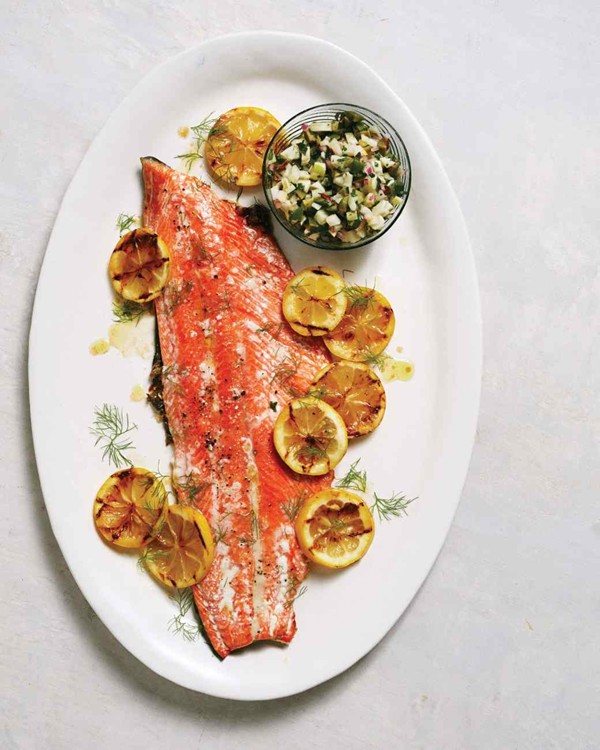 Crisp grilled salmon with fennel-olive relish