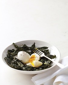 Crisp kale nests with soft-cooked eggs