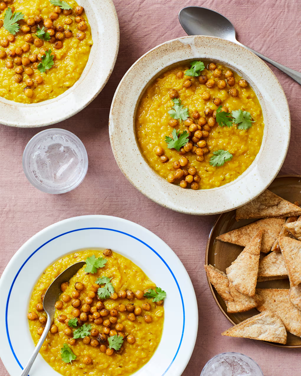 Crisp masala chickpeas, lemon dal, pitta chips