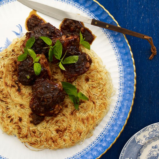 Crisp noodle pancake with tamarind-glazed chicken