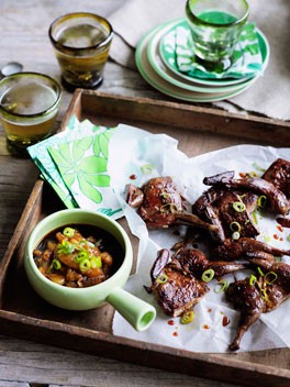 Crisp oolong-smoked quail with mandarin-ginger dipping sauce